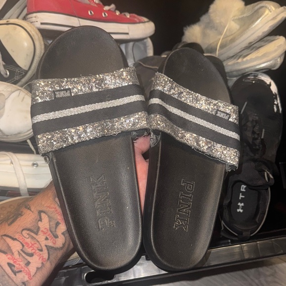 PINK Victoria's Secret Black and Silver Glitter Sandals - Picture 1 of 5